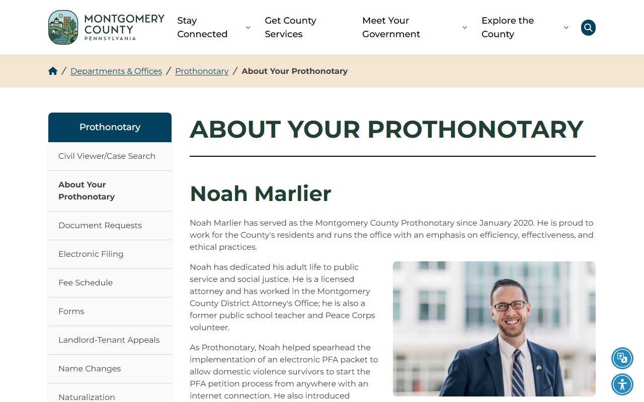 Montgomery County Prothonotary civil records office biography