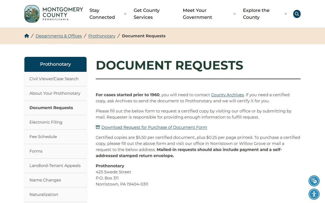 Montgomery County court records Prothonotary document requests
