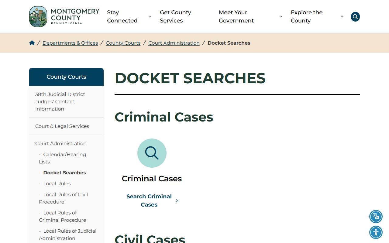 Montgomery County court records docket search page