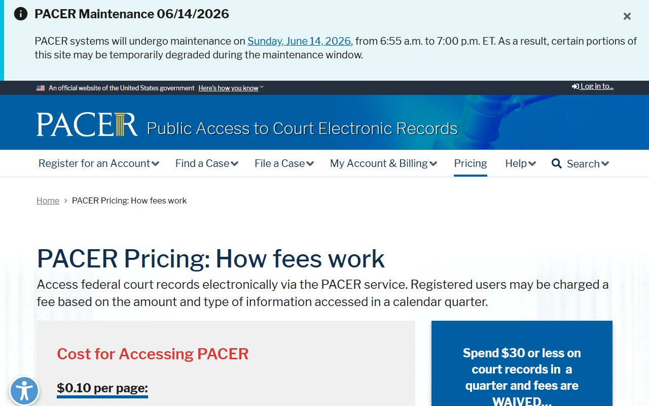 Montgomery County federal court records PACER pricing
