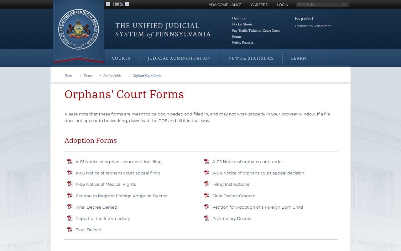 Montgomery County Orphans' Court records state forms page
