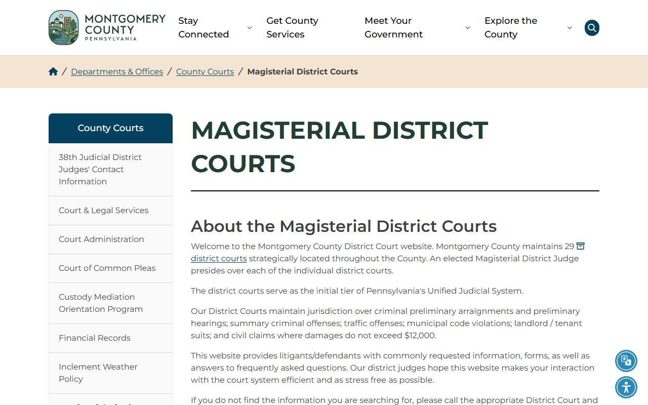 Montgomery County traffic court records Magisterial District Courts page