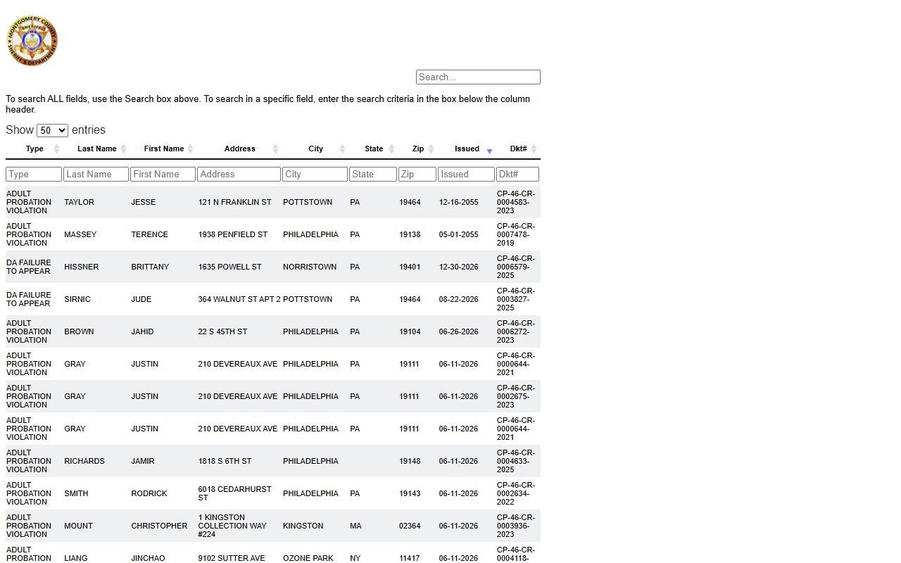 Montgomery County warrant records active bench warrant search table