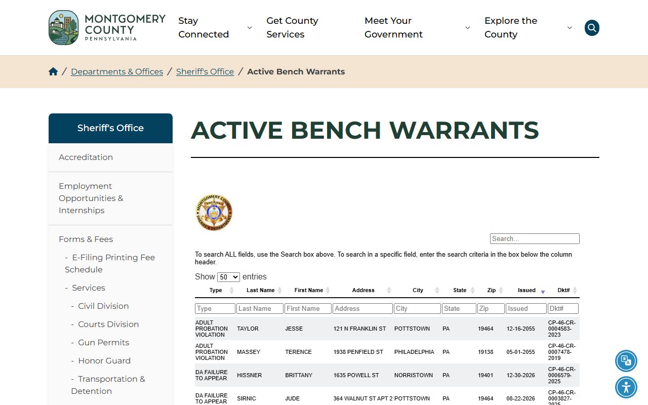 Montgomery County warrant records active bench warrant county page