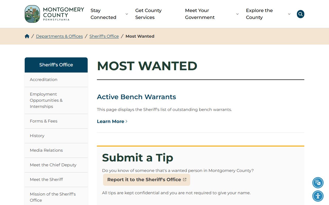 Montgomery County warrant records Sheriff's Most Wanted page